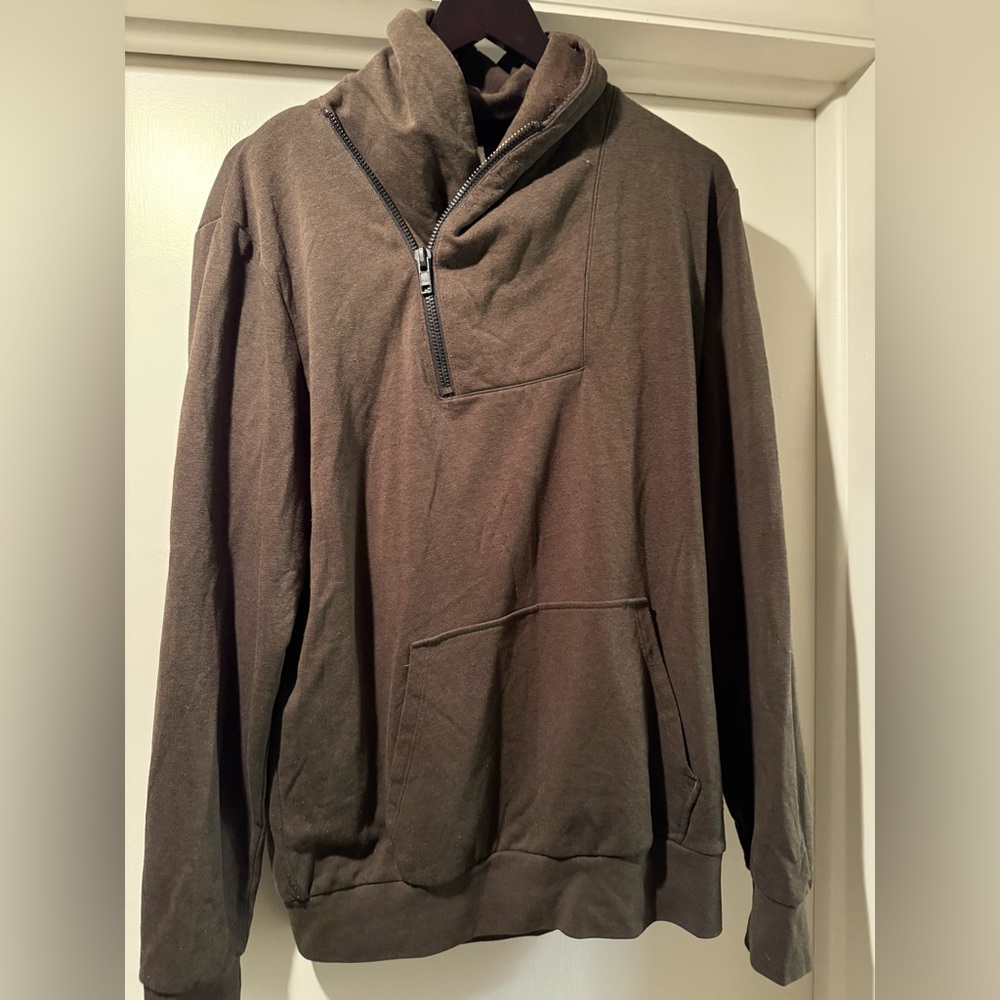 Medium Asymmetrical Zip Up Turtle Neck Style/Hoodie Style Military Green Top